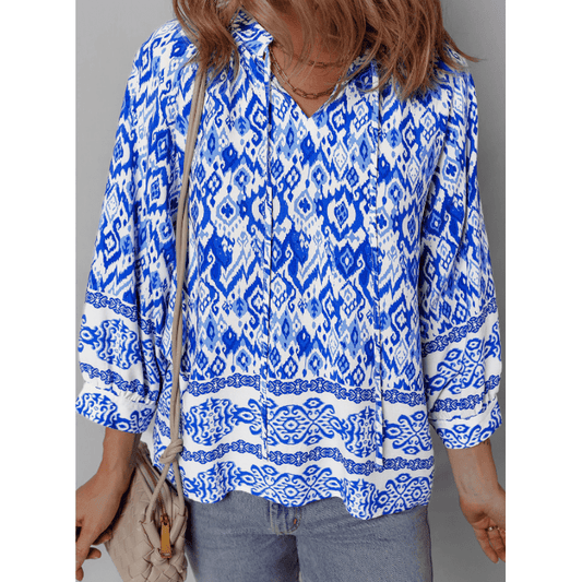 REDUCED!!!  Lacole Blue Boho Printed 3/4 Sleeve Tied Neck Blouse. REDUCED!!!