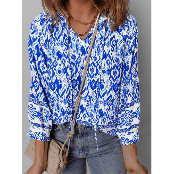REDUCED!!! Lacole Blue Boho Printed 3/4 Sleeve Tied Neck Blouse. REDUCED!!!