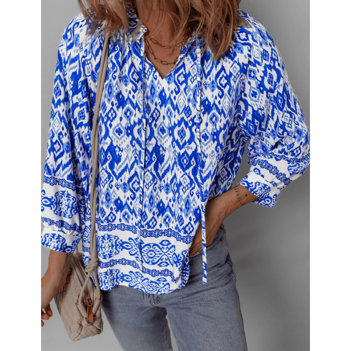 REDUCED!!! Lacole Blue Boho Printed 3/4 Sleeve Tied Neck Blouse. REDUCED!!!