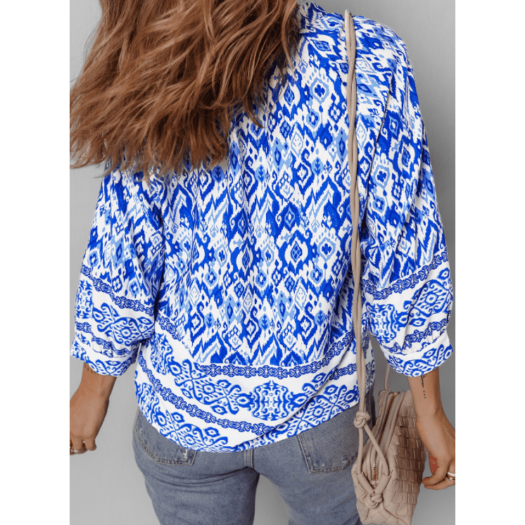 REDUCED!!! Lacole Blue Boho Printed 3/4 Sleeve Tied Neck Blouse. REDUCED!!!
