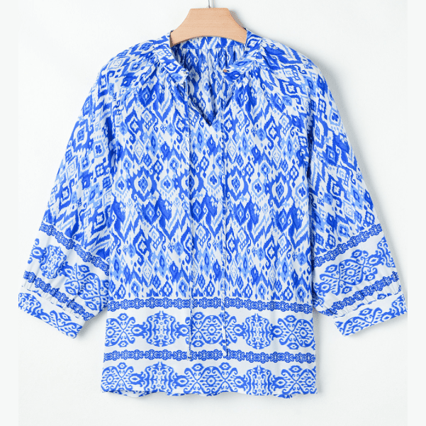 REDUCED!!! Lacole Blue Boho Printed 3/4 Sleeve Tied Neck Blouse. REDUCED!!!
