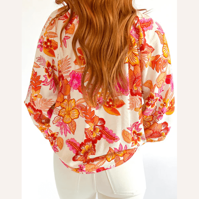 REDUCED!!! Tisha Orange Floral Print Pearl Button Keyhole Long Puff Sleeve Blouse REDUCED!!!