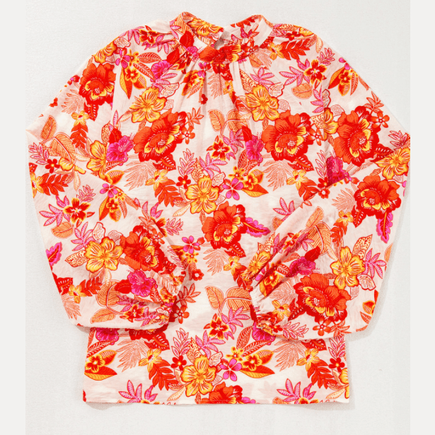 REDUCED!!! Tisha Orange Floral Print Pearl Button Keyhole Long Puff Sleeve Blouse REDUCED!!!