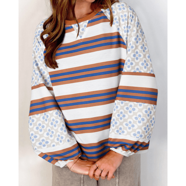 Colley White Striped Floral Printed Patchwork Lantern Sleeve Blouse
