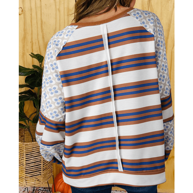 Colley White Striped Floral Printed Patchwork Lantern Sleeve Blouse
