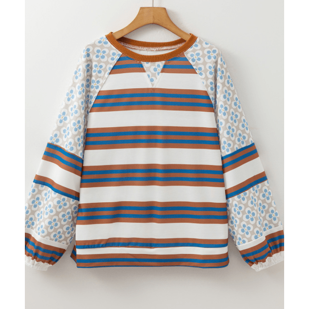 Colley White Striped Floral Printed Patchwork Lantern Sleeve Blouse