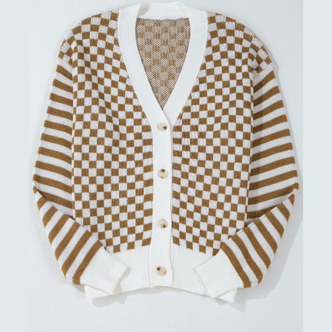 Noreen Brown Checkered Striped Patched Buttoned V Neck Cardigan