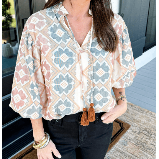 REDUCED!!! Jabez Khaki Geometric Print Tassel Tie Split Neck Balloon Sleeve Blouse REDUCED!!!