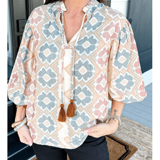 REDUCED!!! Jabez Khaki Geometric Print Tassel Tie Split Neck Balloon Sleeve Blouse REDUCED!!!