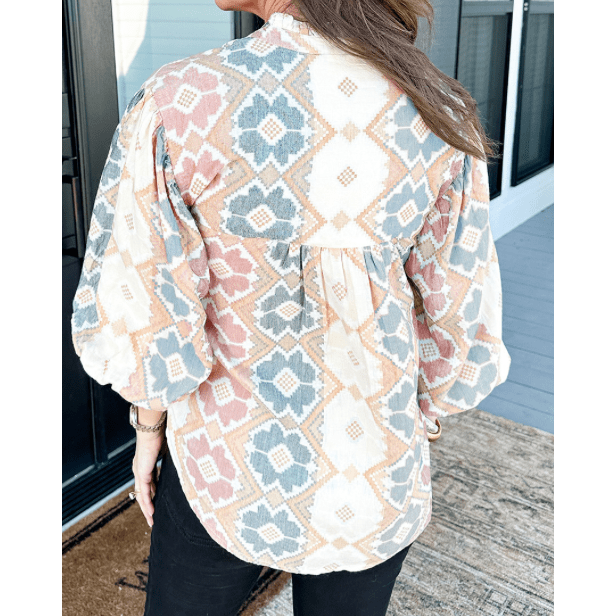 REDUCED!!! Jabez Khaki Geometric Print Tassel Tie Split Neck Balloon Sleeve Blouse REDUCED!!!