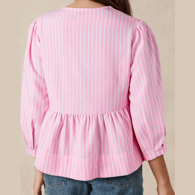 Taysha Pink Stripe Bowknot Front Crew Neck Puff Sleeve Blouse
