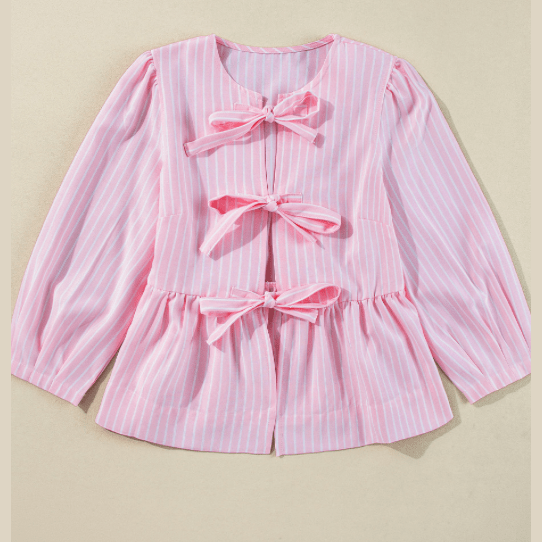 Taysha Pink Stripe Bowknot Front Crew Neck Puff Sleeve Blouse