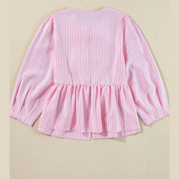Taysha Pink Stripe Bowknot Front Crew Neck Puff Sleeve Blouse
