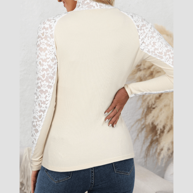 Deema Beige Floral Lace Patchwork Long Sleeve High Neck Slim Top