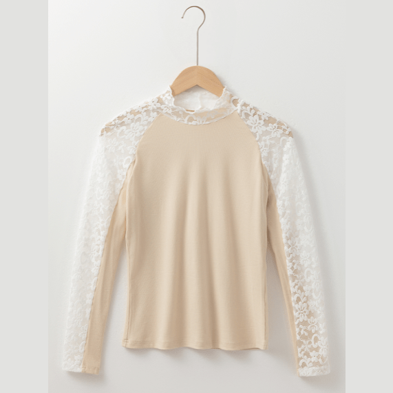 Deema Beige Floral Lace Patchwork Long Sleeve High Neck Slim Top