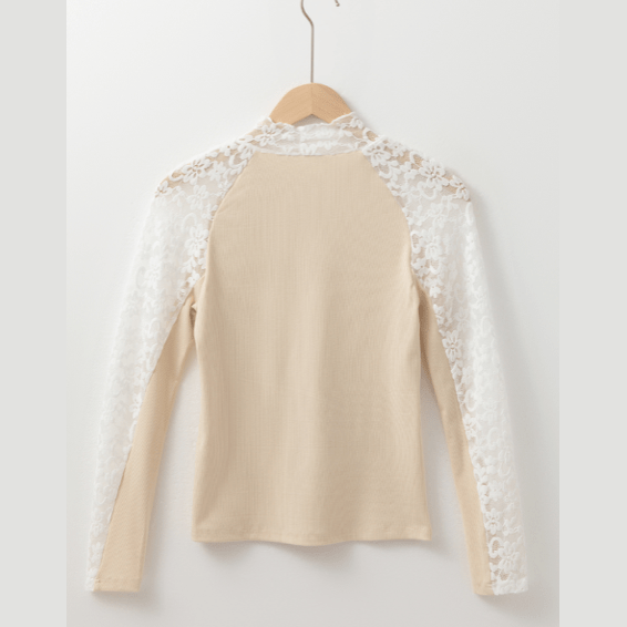 Deema Beige Floral Lace Patchwork Long Sleeve High Neck Slim Top