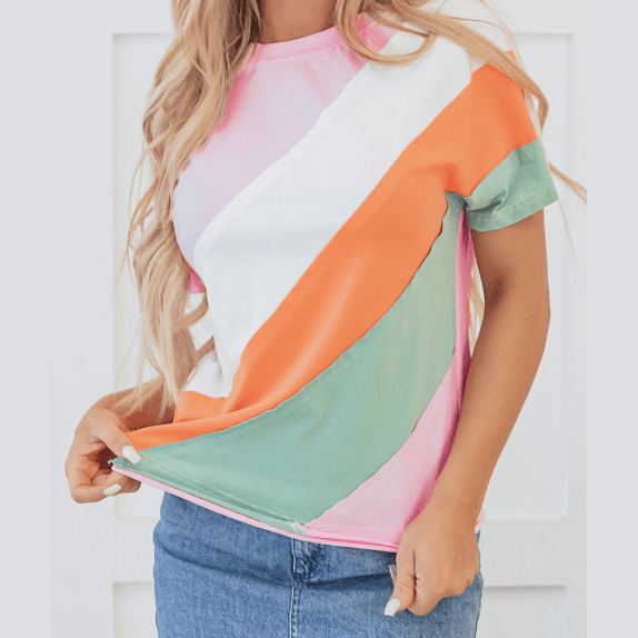 Vergara Pink Color Block Patchwork Seamed Crewneck T Shirt
