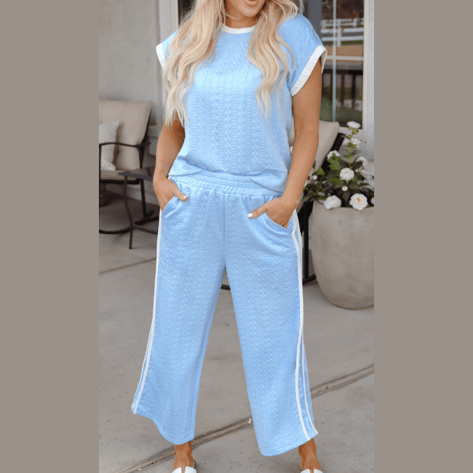 REDUCED!!! Cailey Beau Blue Textured Colorblock Edge Tank Top High Waist Pants Set REDUCED!!!