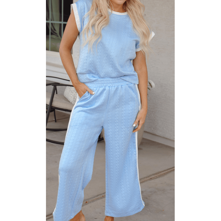 REDUCED!!! Cailey Beau Blue Textured Colorblock Edge Tank Top High Waist Pants Set REDUCED!!!