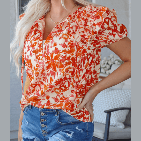 REDUCED!!! Gabriella Orange Floral Print Ruffled Short Puff Sleeve Split Neck Blouse REDUCED!!!