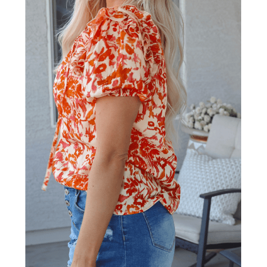REDUCED!!! Gabriella Orange Floral Print Ruffled Short Puff Sleeve Split Neck Blouse REDUCED!!!