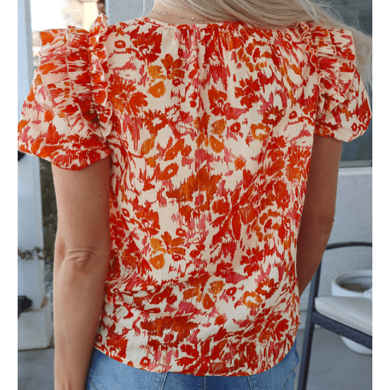 REDUCED!!! Gabriella Orange Floral Print Ruffled Short Puff Sleeve Split Neck Blouse REDUCED!!!