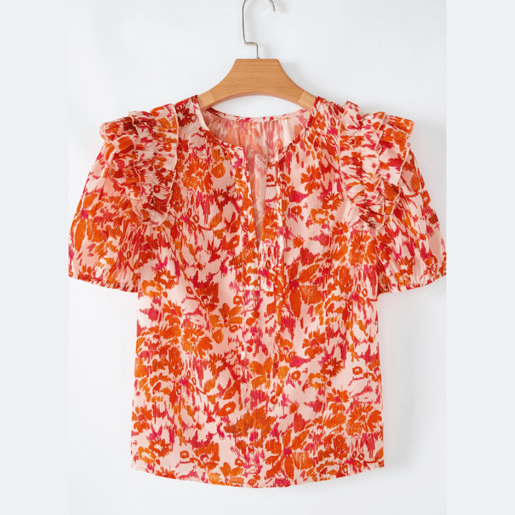 REDUCED!!! Gabriella Orange Floral Print Ruffled Short Puff Sleeve Split Neck Blouse REDUCED!!!