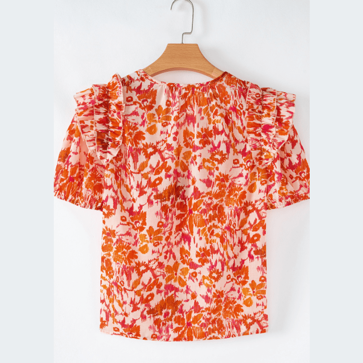 REDUCED!!! Gabriella Orange Floral Print Ruffled Short Puff Sleeve Split Neck Blouse REDUCED!!!
