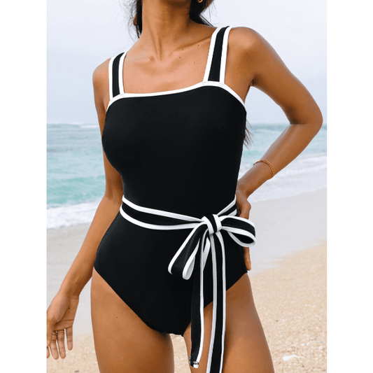Lissy Black Colorblock Edge Belted One Piece Swimsuit