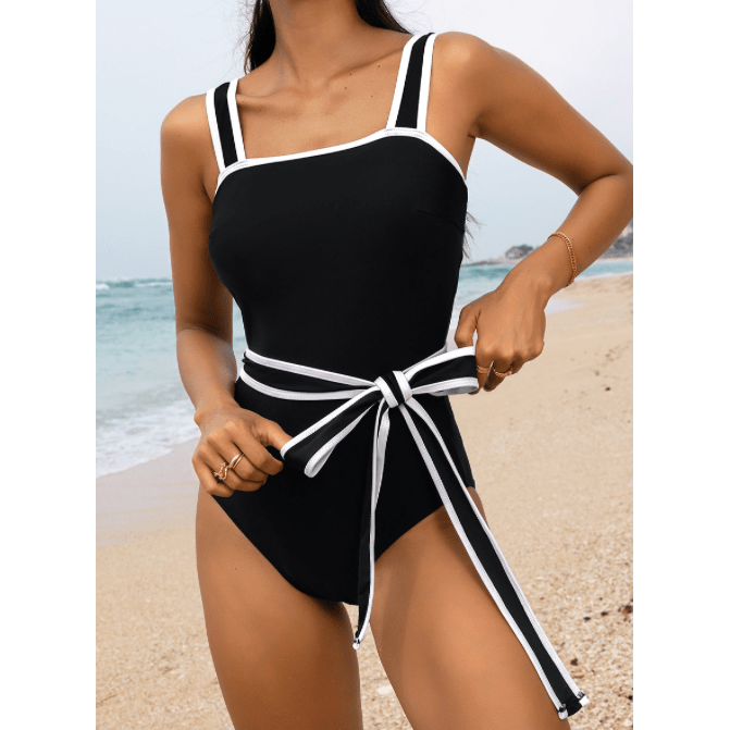 Lissy Black Colorblock Edge Belted One Piece Swimsuit