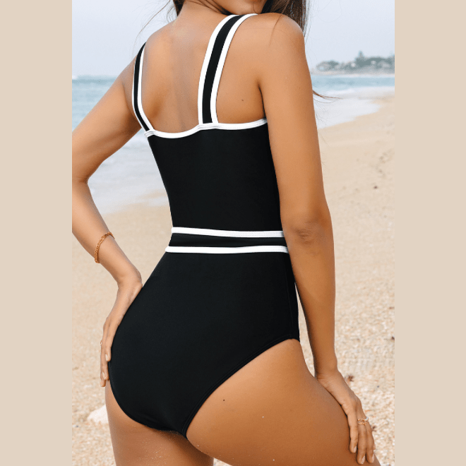 Lissy Black Colorblock Edge Belted One Piece Swimsuit