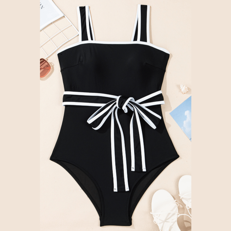 Lissy Black Colorblock Edge Belted One Piece Swimsuit
