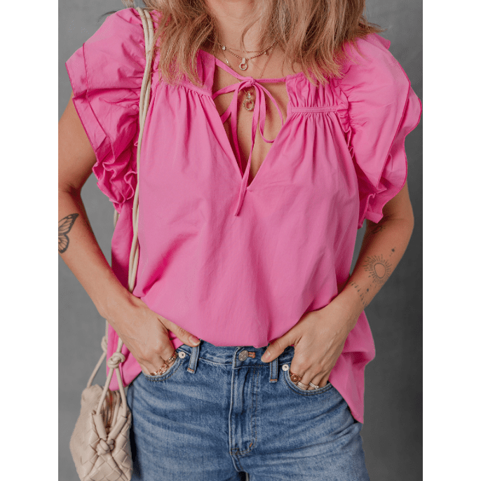 REDUCED!!! Kaylynn Sachet Pink Shirred Yoke Lace up V Neck Ruffled Sleeve Blouse REDUCED!!!