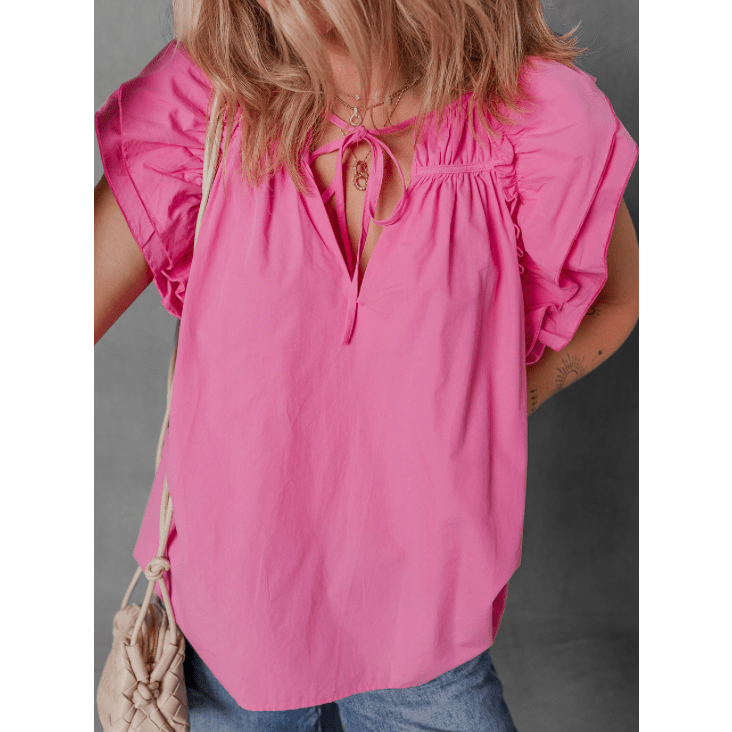 REDUCED!!! Kaylynn Sachet Pink Shirred Yoke Lace up V Neck Ruffled Sleeve Blouse REDUCED!!!