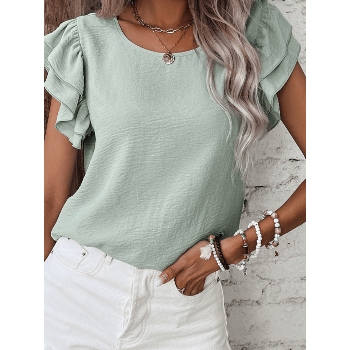 Madisyn Green Ruffled Short Sleeve Casual Blouse