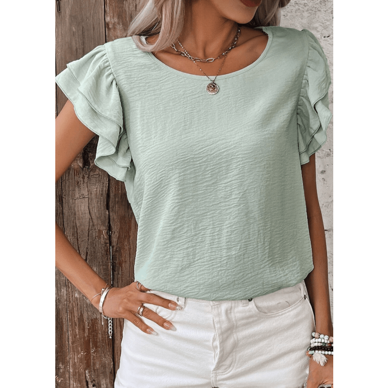 Madisyn Green Ruffled Short Sleeve Casual Blouse