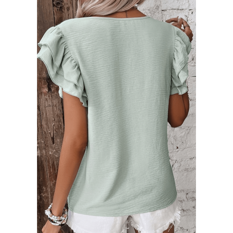 Madisyn Green Ruffled Short Sleeve Casual Blouse