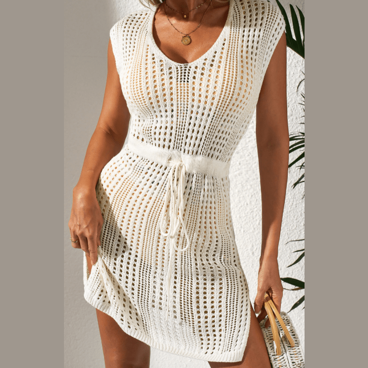 Taylar Beige Open Knit Drawstring Waist Beach Coverup Dress