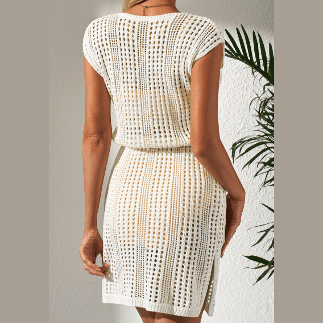 Taylar Beige Open Knit Drawstring Waist Beach Coverup Dress