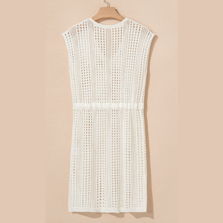 Taylar Beige Open Knit Drawstring Waist Beach Coverup Dress