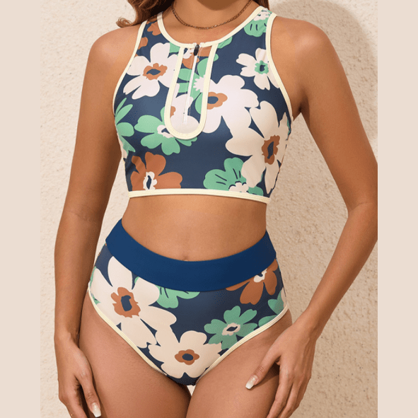 Jossie Blue Flower Zip up Racerback High Waisted Bikini