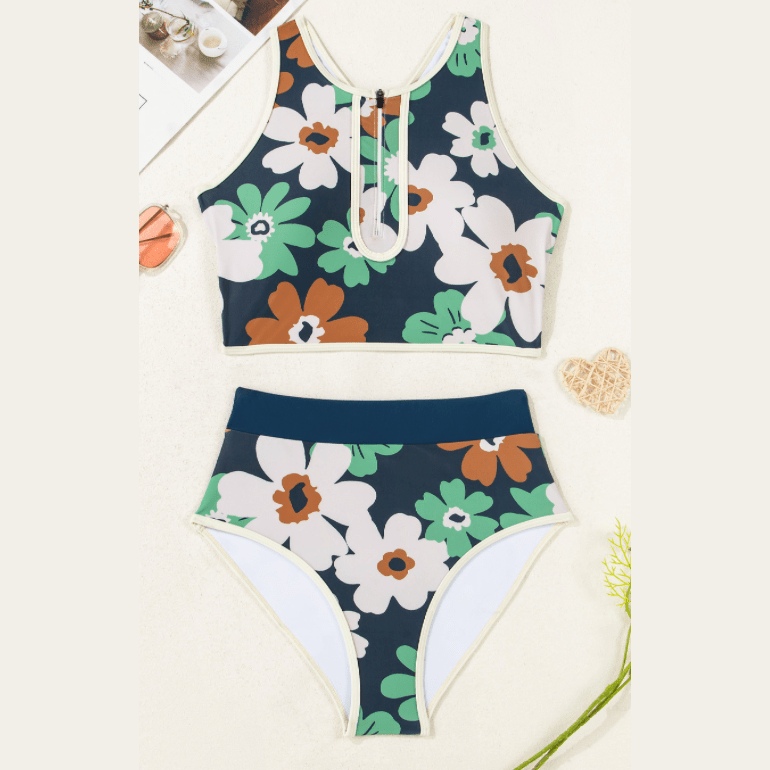 Jossie Blue Flower Zip up Racerback High Waisted Bikini