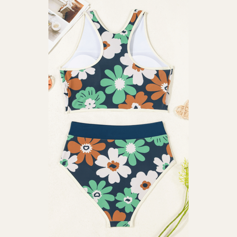 Jossie Blue Flower Zip up Racerback High Waisted Bikini