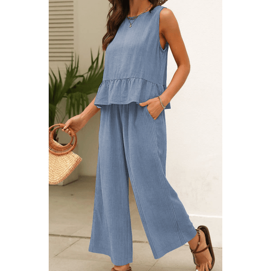 Lia Blue Ribbed Ruffle Tank Top and Pants Set