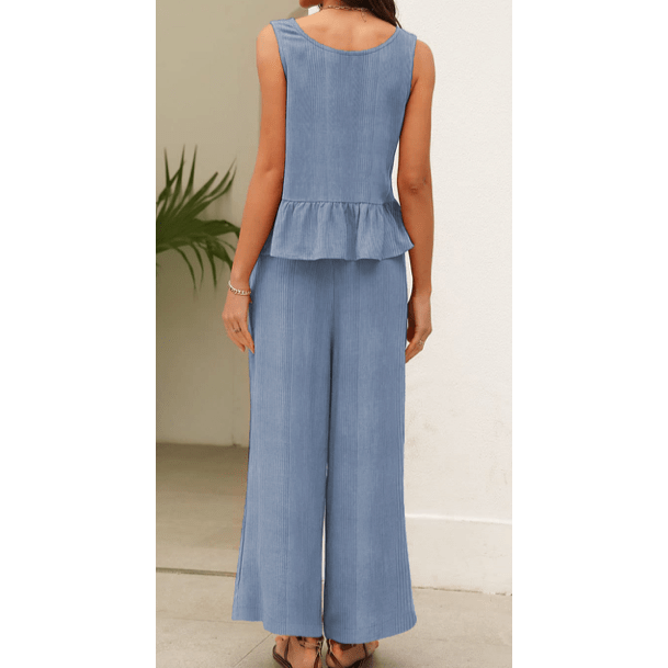 Lia Blue Ribbed Ruffle Tank Top and Pants Set