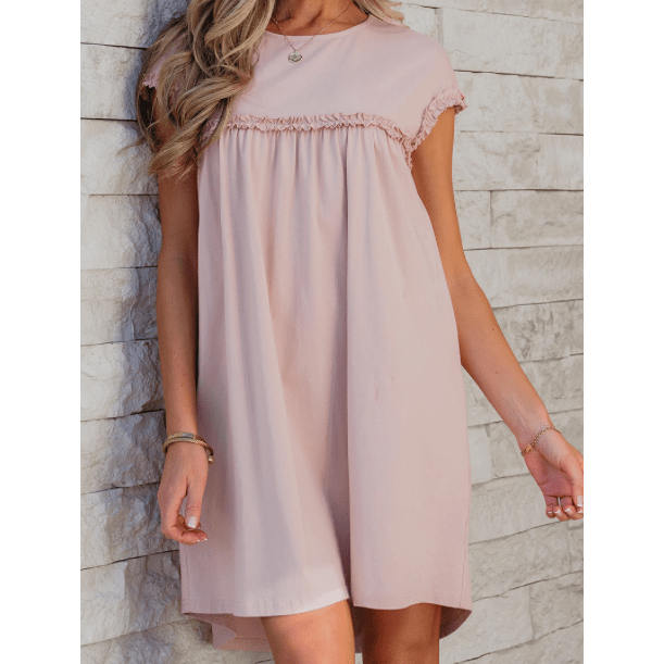 Jaiden Oatmeal Frilled Trim Crew Neck Loose Fit Mini Dress