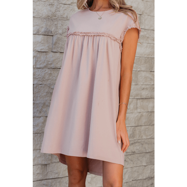 Jaiden Oatmeal Frilled Trim Crew Neck Loose Fit Mini Dress