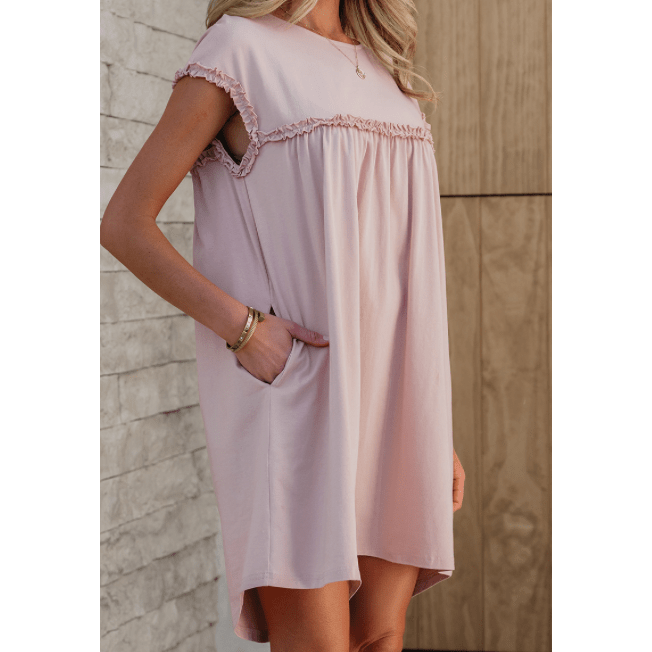 Jaiden Oatmeal Frilled Trim Crew Neck Loose Fit Mini Dress