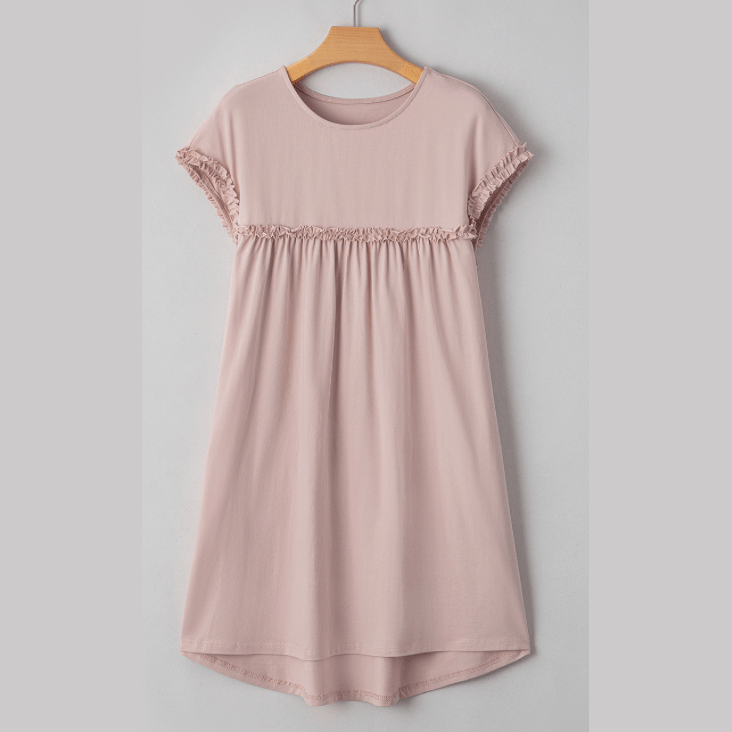 Jaiden Oatmeal Frilled Trim Crew Neck Loose Fit Mini Dress