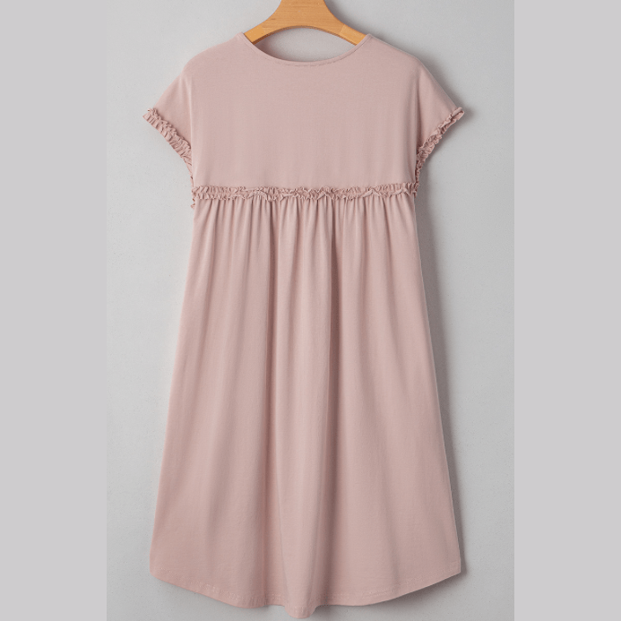 Jaiden Oatmeal Frilled Trim Crew Neck Loose Fit Mini Dress